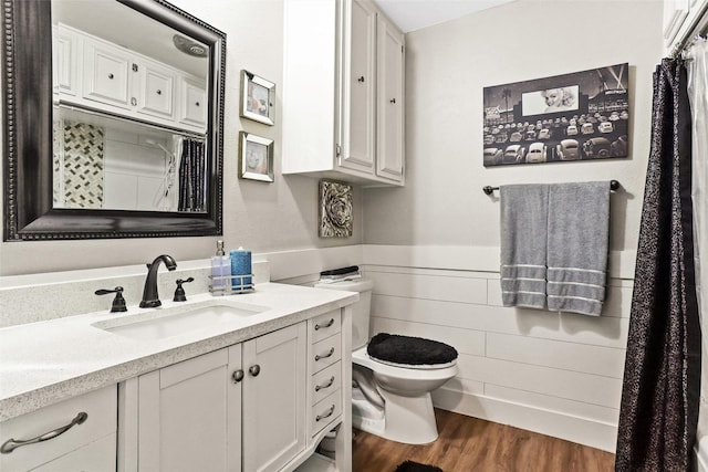 bathroom with wood finished floors, toilet, vanity, and wainscoting