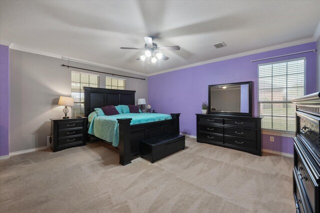 1603 Willow Ln, Cedar Hill, TX 75104 - bedroom featuring ornamental molding, light carpet, ceiling fan, baseboards, and visible vents