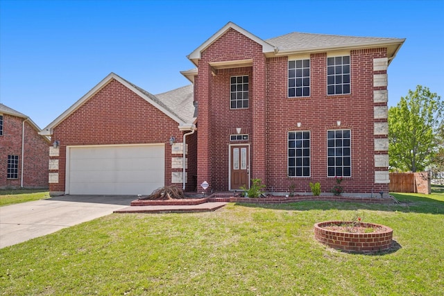 1603 Willow Ln, Cedar Hill, TX 75104 - view of front of property featuring brick siding, a garage, roof with shingles, a front yard, and concrete driveway