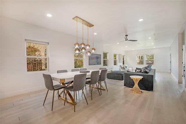 dining room with light wood-type flooring, baseboards, recessed lighting, and ceiling fan