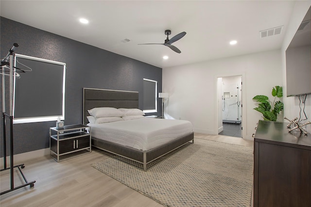 bedroom featuring light wood-style flooring, visible vents, recessed lighting, and ceiling fan
