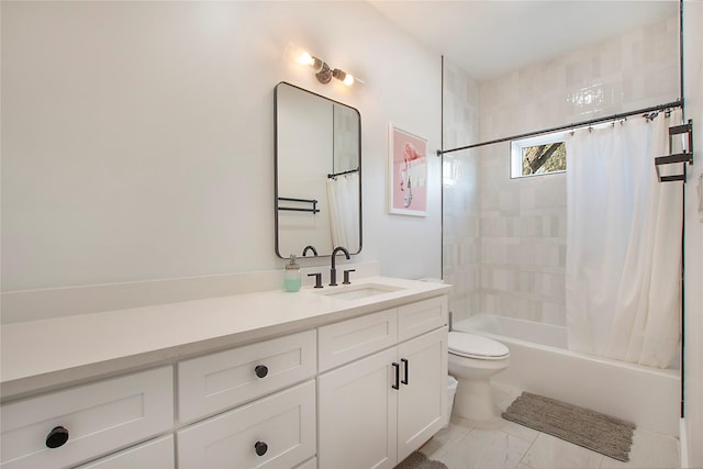 bathroom with toilet, vanity, and shower / bath combination with curtain