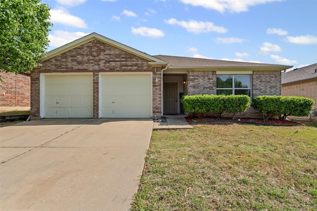single story home featuring an attached garage, driveway, brick siding, and a front yard