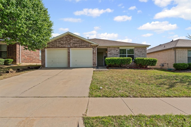 single story home featuring concrete driveway, an attached garage, brick siding, and a front lawn