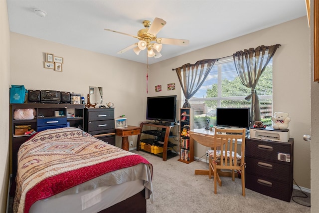bedroom featuring ceiling fan and carpet flooring