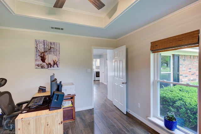 home office featuring baseboards, a ceiling fan, visible vents, and dark wood finished floors