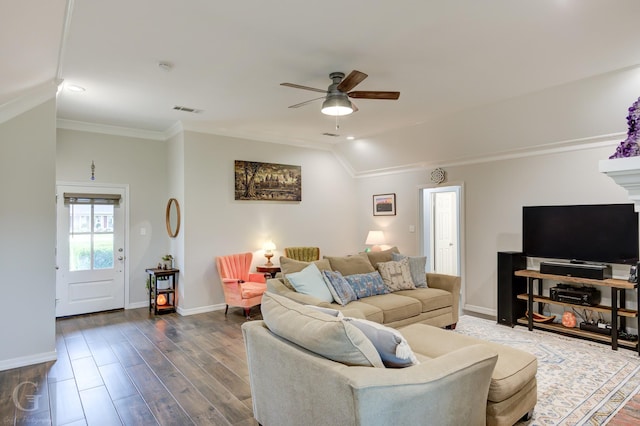 living room featuring dark wood-style floors, baseboards, visible vents, lofted ceiling, and ceiling fan