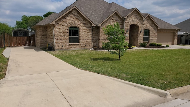 view of front facade with a gate, driveway, brick siding, a front yard, and a garage