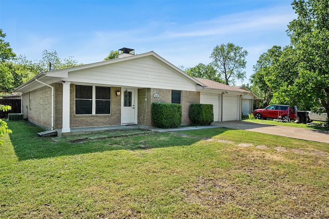 ranch-style home with a front lawn, brick siding, driveway, and a garage