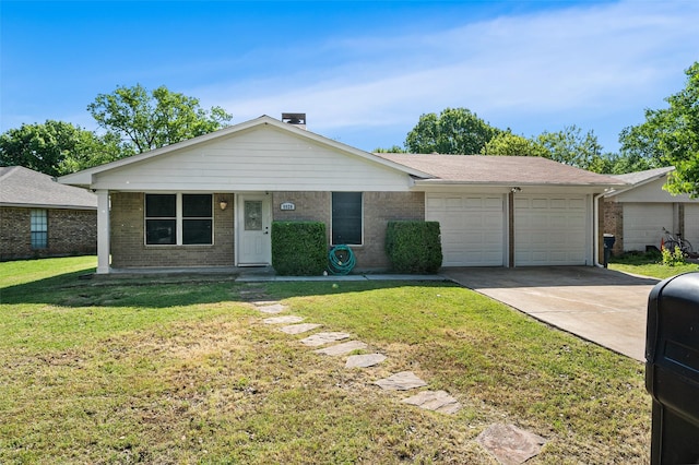 ranch-style home with an attached garage, brick siding, a front yard, and concrete driveway