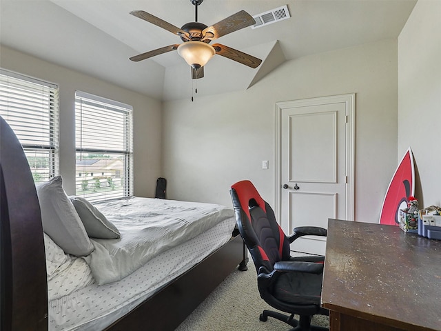 2500 Fountain Cv, Carrollton, TX 75006 - bedroom with ceiling fan, carpet, vaulted ceiling, and visible vents