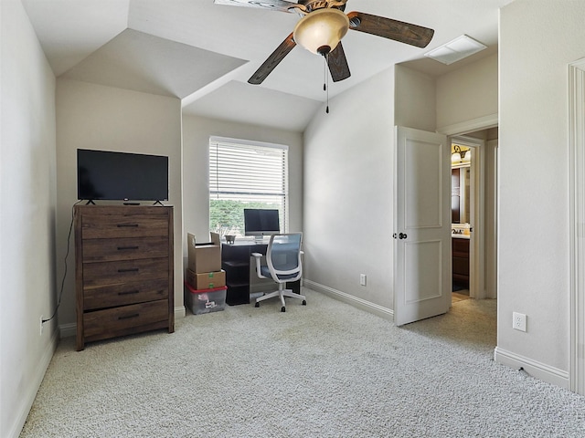 2500 Fountain Cv, Carrollton, TX 75006 - carpeted office featuring ceiling fan, visible vents, baseboards, and lofted ceiling