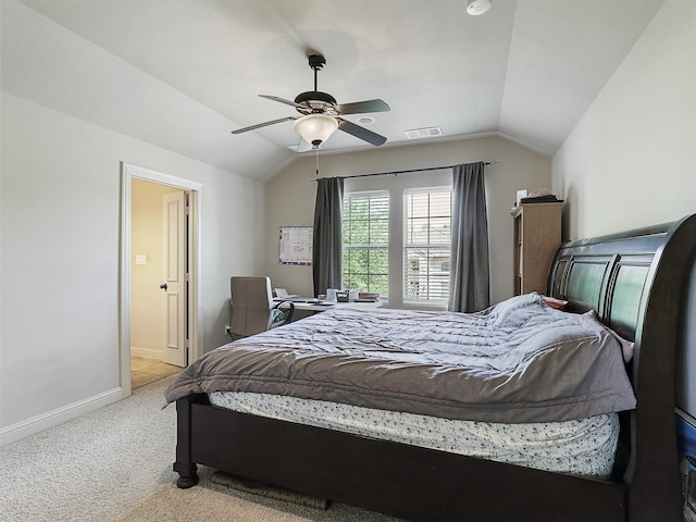 2500 Fountain Cv, Carrollton, TX 75006 - carpeted bedroom with baseboards, visible vents, a ceiling fan, and lofted ceiling