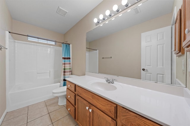 bathroom with shower / tub combo, visible vents, tile patterned flooring, and toilet