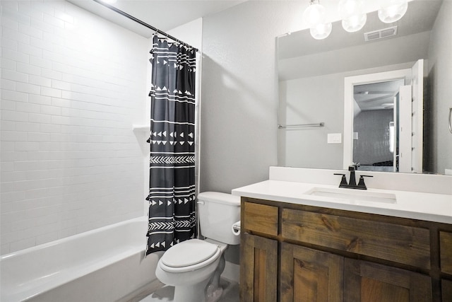 full bath featuring visible vents, toilet, vanity, and shower / bath combo with shower curtain