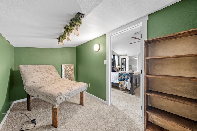 sitting room with baseboards, carpet, and a textured ceiling