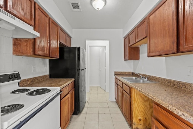 kitchen with under cabinet range hood, visible vents, electric stove, a sink, and brown cabinetry