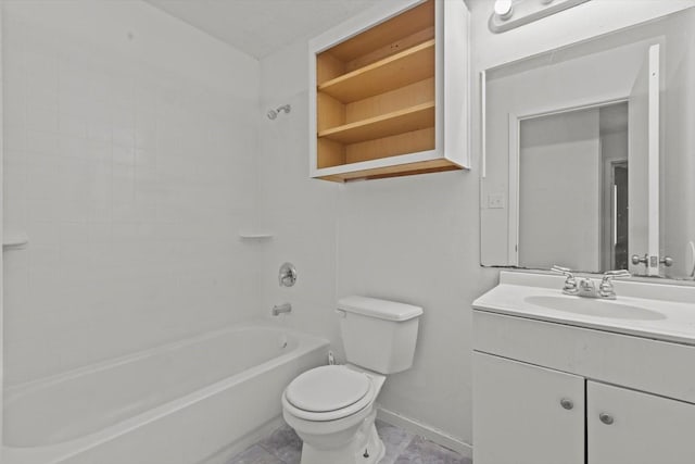 full bathroom with tub / shower combination, vanity, toilet, and baseboards