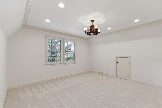 unfurnished room with carpet, lofted ceiling, a notable chandelier, and recessed lighting