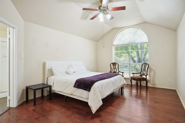 bedroom featuring dark wood-type flooring, vaulted ceiling, a ceiling fan, and baseboards