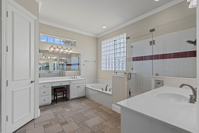 720 Castle Creek Dr, Coppell, TX 75019 - bathroom with two vanities, a bath, a stall shower, crown molding, and stone finish flooring
