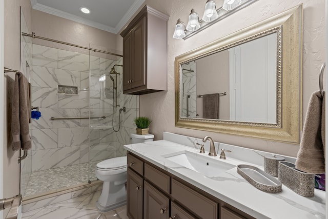 720 Castle Creek Dr, Coppell, TX 75019 - full bath featuring marble finish floors, toilet, vanity, a marble finish shower, and crown molding