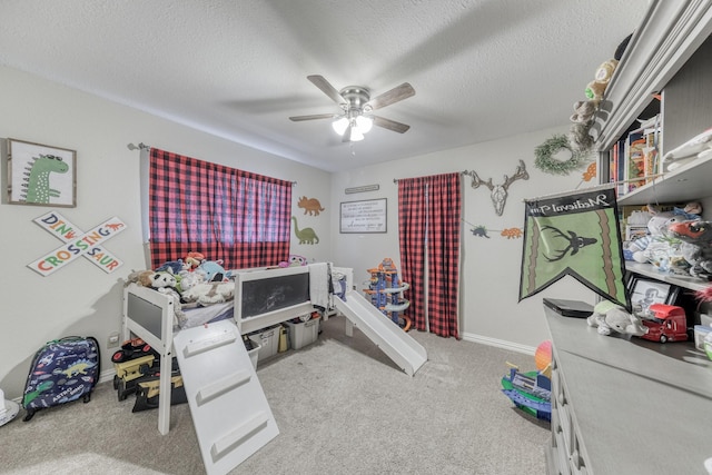 106 Guinevere Ct, Weatherford, TX 76086 - carpeted bedroom with a ceiling fan and a textured ceiling