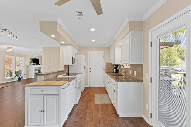 5008 Santa Elena Ct, Granbury, TX 76049 - kitchen featuring electric stove, a sink, decorative backsplash, open floor plan, and visible vents
