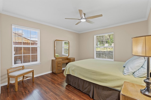5008 Santa Elena Ct, Granbury, TX 76049 - bedroom with a ceiling fan, baseboards, ornamental molding, and dark wood-type flooring