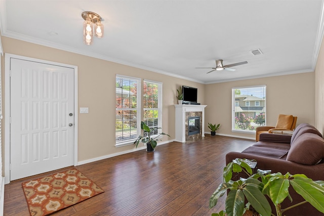 5008 Santa Elena Ct, Granbury, TX 76049 - living area with dark wood-type flooring, a healthy amount of sunlight, and ornamental molding