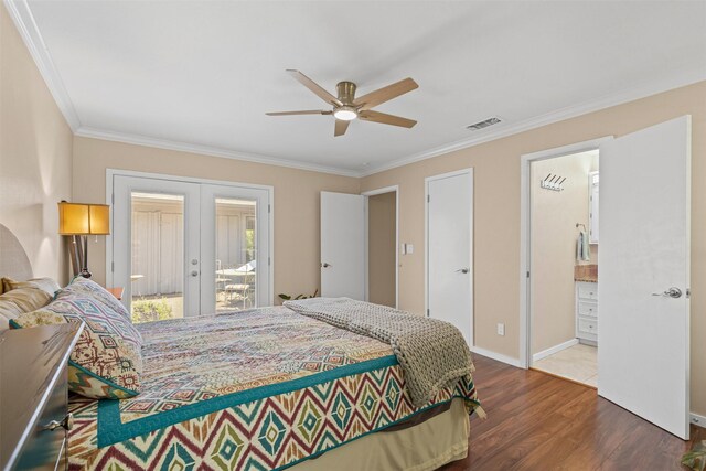 5008 Santa Elena Ct, Granbury, TX 76049 - bedroom with french doors, wood finished floors, access to outside, and ornamental molding