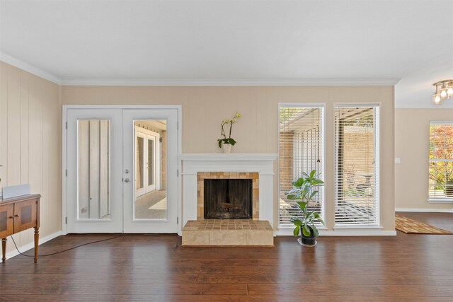 5008 Santa Elena Ct, Granbury, TX 76049 - unfurnished living room featuring wood-type flooring, baseboards, ornamental molding, and a fireplace