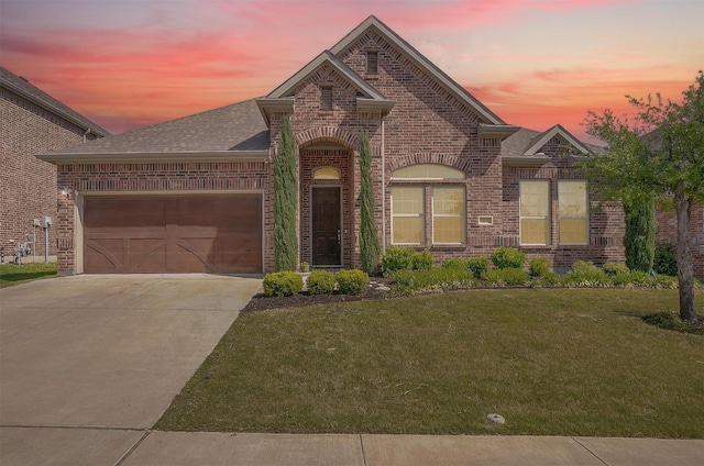 15024 Teasley Ave, Aledo, TX 76008 - french country home featuring brick siding, an attached garage, a yard, and concrete driveway