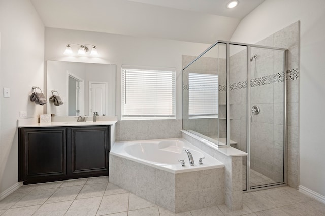 full bath featuring a garden tub, a stall shower, vanity, tile patterned flooring, and recessed lighting