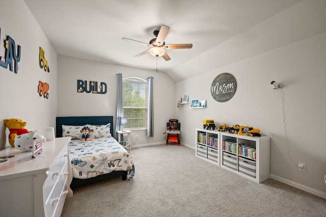 carpeted bedroom featuring ceiling fan and baseboards