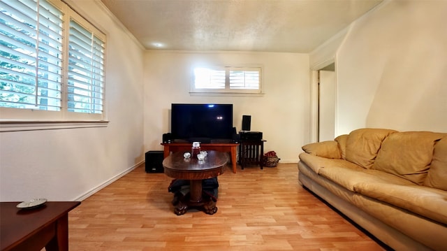 living room featuring baseboards, crown molding, and light wood finished floors
