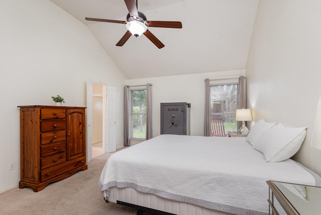 900 Valley View Dr, Lewisville, TX 75067 - bedroom with high vaulted ceiling, light carpet, and ceiling fan