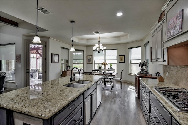1601 Harbor Lakes Dr, Granbury, TX 76048 - kitchen with a sink, appliances with stainless steel finishes, a raised ceiling, wood finished floors, and a chandelier