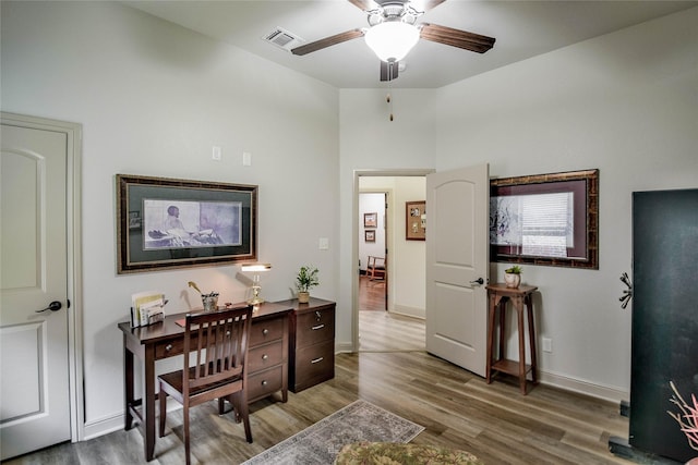 1601 Harbor Lakes Dr, Granbury, TX 76048 - home office featuring wood finished floors, a ceiling fan, and baseboards