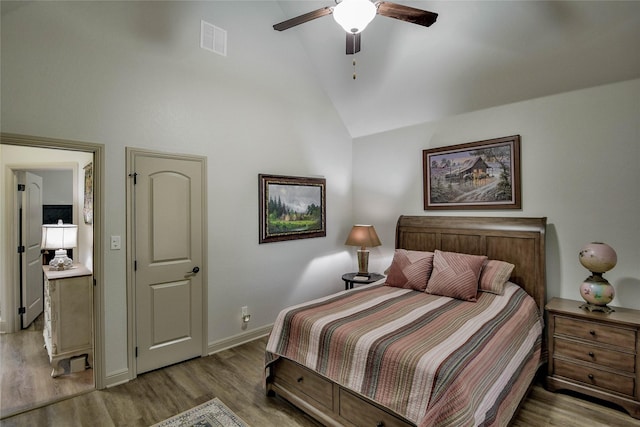 1601 Harbor Lakes Dr, Granbury, TX 76048 - bedroom featuring wood finished floors, high vaulted ceiling, baseboards, and a ceiling fan