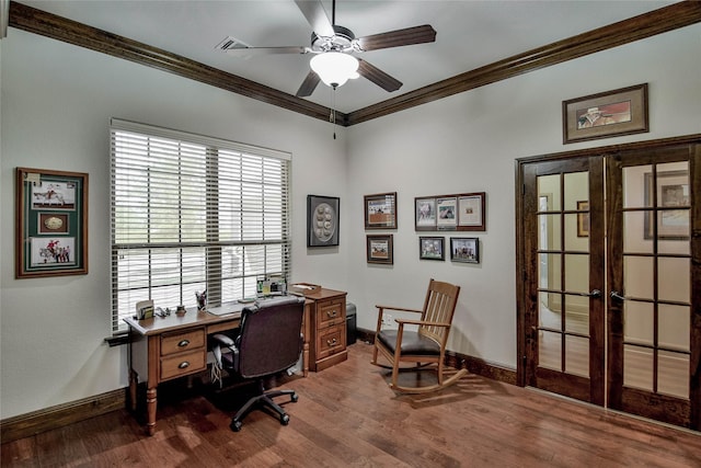 1601 Harbor Lakes Dr, Granbury, TX 76048 - office space featuring french doors, crown molding, ceiling fan, wood finished floors, and baseboards