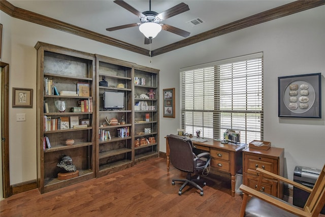1601 Harbor Lakes Dr, Granbury, TX 76048 - office space featuring crown molding, a ceiling fan, wood finished floors, and baseboards