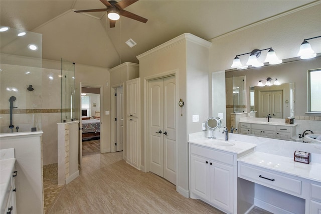 1601 Harbor Lakes Dr, Granbury, TX 76048 - full bathroom featuring ceiling fan, walk in shower, ensuite bathroom, vanity, and wood finished floors