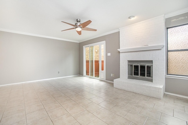 24 Cedar Ln, Bedford, TX 76021 - unfurnished living room featuring a ceiling fan, tile patterned flooring, baseboards, crown molding, and a brick fireplace