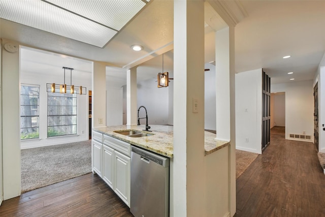 8104 Lea Shore St, Fort Worth, TX 76179 - kitchen with dark wood-style flooring, light stone countertops, dishwasher, a sink, and white cabinetry
