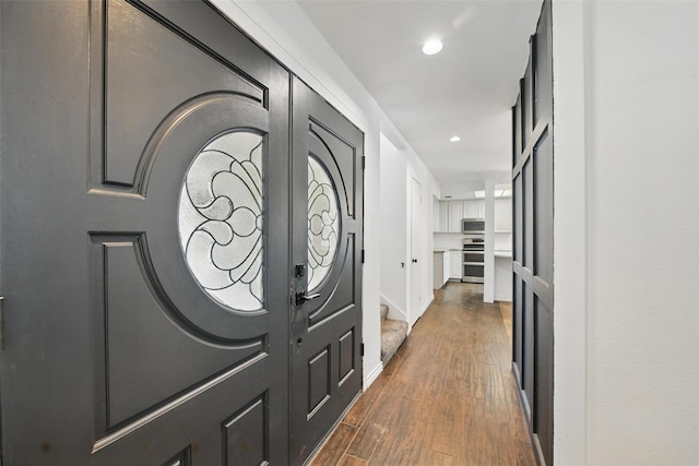 8104 Lea Shore St, Fort Worth, TX 76179 - foyer featuring recessed lighting, baseboards, and dark wood-style flooring