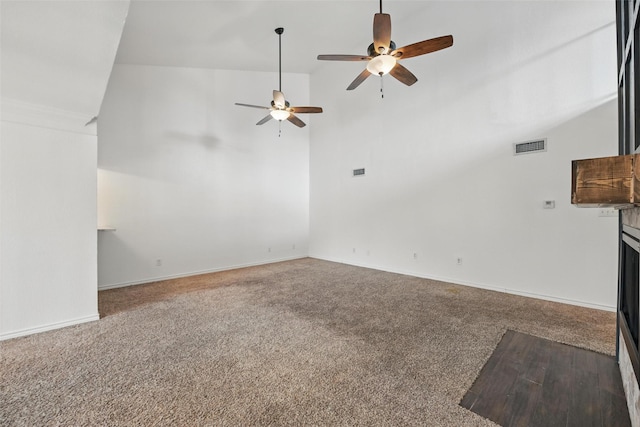8104 Lea Shore St, Fort Worth, TX 76179 - unfurnished living room with carpet floors, a ceiling fan, high vaulted ceiling, and visible vents