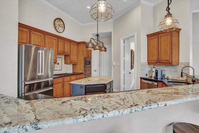 kitchen with a sink, brown cabinetry, stainless steel appliances, backsplash, and light stone countertops