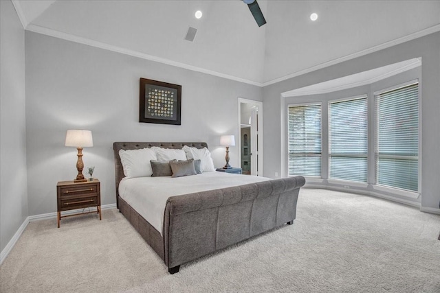 carpeted bedroom with high vaulted ceiling, a ceiling fan, crown molding, baseboards, and visible vents