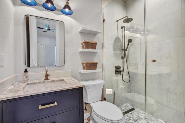 bathroom with toilet, vanity, and a stall shower